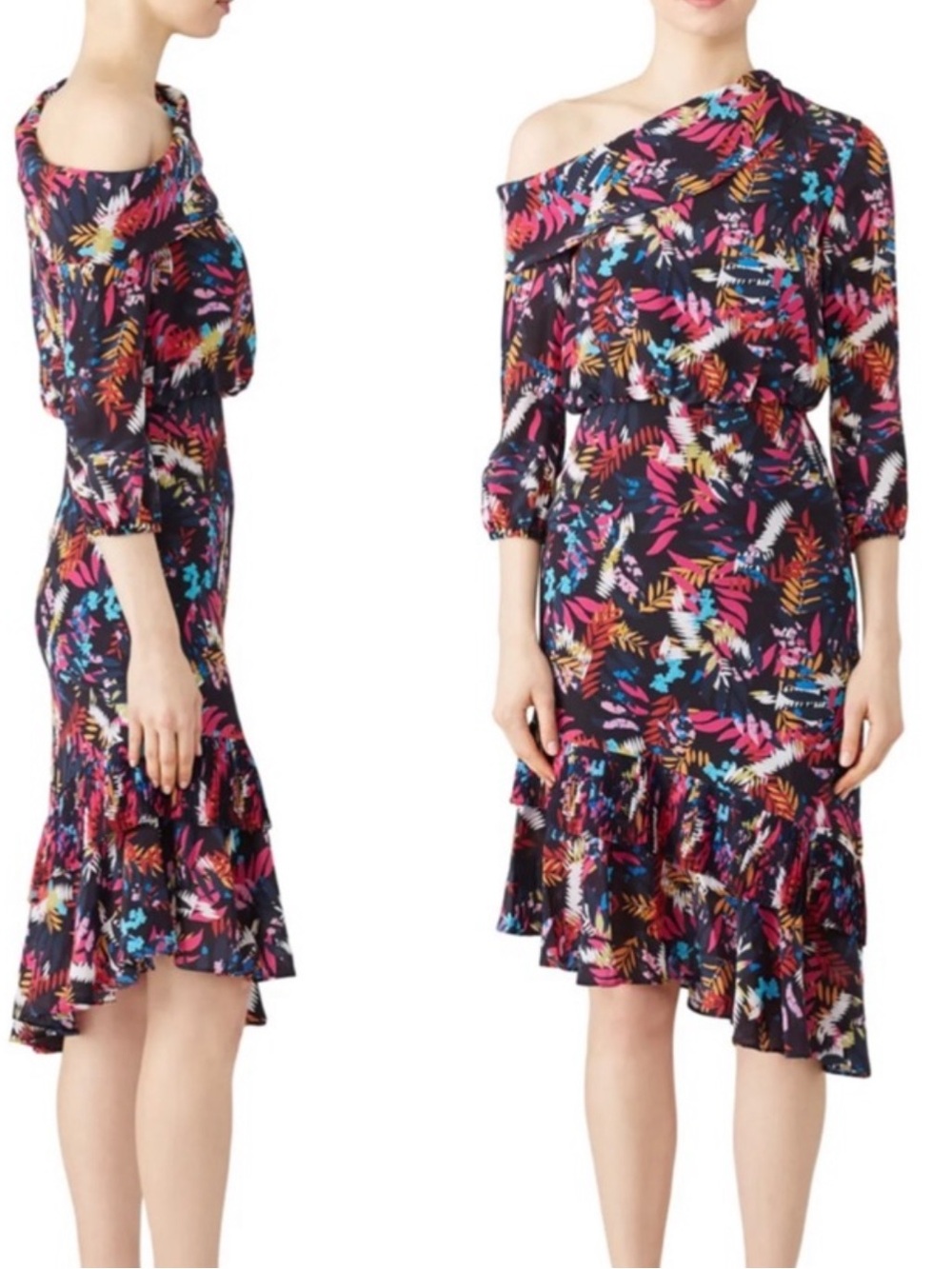 SALONI Navy Fren Lexie Dress off One Shoulder Drapey Silk Midi Dress Size 6